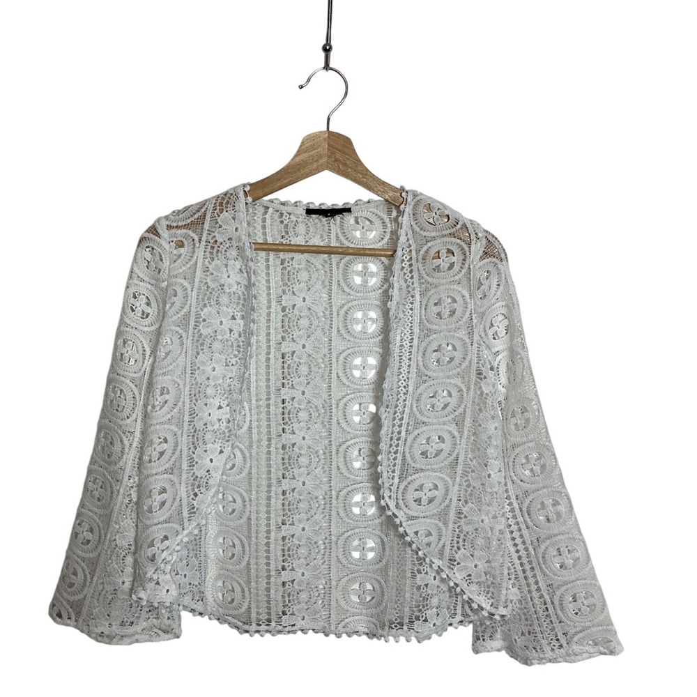 White Lace Open Front Cardigan Sheer Floral Crochet Shrug Boho Flare Sleeve